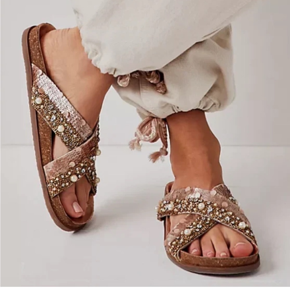 Free People Rose Gold Beaded Braided Slide Sandals
